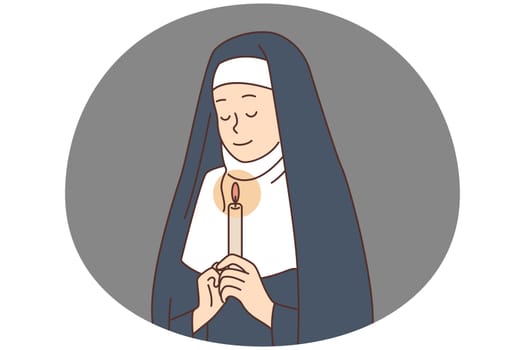 Calm young nun in traditional robe holding candle in hands praying. Religious female sister ask God keep hands in prayer. Faith and religion. Vector illustration.