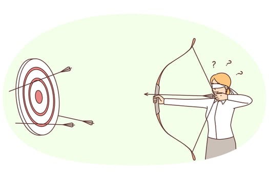 Businesswoman shooting arrows on target. Blindsided female employee aim at business goal. Achievement. Vector illustration.
