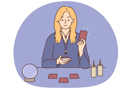 Young woman with cards telling fortune sitting on table in studio. Female magician with magic ball and tarot cards soothsaying. Vector illustration.