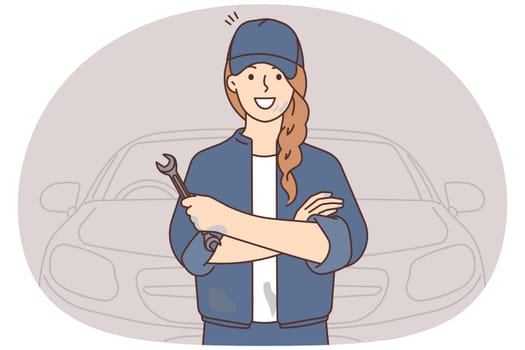 Smiling woman technician with tool in hands repairing automobile. Happy female mechanic with equipment working fixing car. Vector illustration.