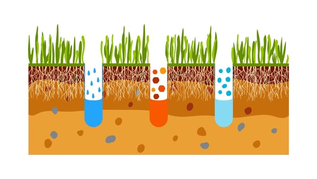 Vector illustration of lawn aeration. Concept of lawn grass care, gardening service, benefits of aeration. Water, air and fertilizer having easy access to soil