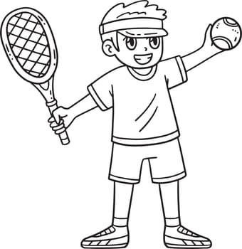 A cute and funny coloring page of a Tennis Boy with a Tennis Racket and Ball. Provides hours of coloring fun for children. To color, this page is very easy. Suitable for little kids and toddlers.