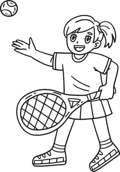 A cute and funny coloring page of a Tennis Female Player Tossing a Ball in the Air. Provides hours of coloring fun for children. To color, this page is very easy. Suitable for little kids and toddlers