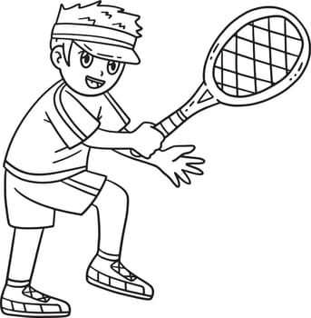 A cute and funny coloring page of a Tennis Boy Ready to Hit Tennis Ball. Provides hours of coloring fun for children. To color, this page is very easy. Suitable for little kids and toddlers.
