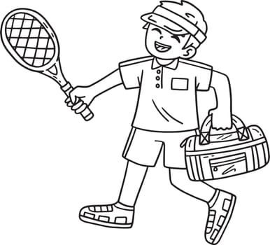 A cute and funny coloring page of a Tennis Player with a sports bag and Racket. Provides hours of coloring fun for children. To color, this page is very easy. Suitable for little kids and toddlers.