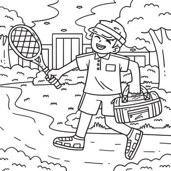 A cute and funny coloring page of a Tennis Player with a Sport Bag and Racket. Provides hours of coloring fun for children. To color, this page is very easy. Suitable for little kids and toddlers.