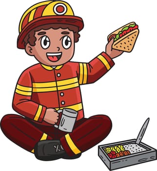 This cartoon clipart shows a Firefighter Eating Lunch illustration.