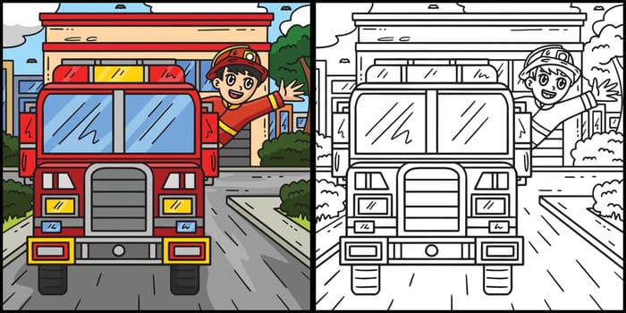 This coloring page shows a Firefighter Waving from a Fire Truck. One side of this illustration is colored and serves as an inspiration for children.