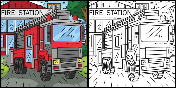 This coloring page shows a Firefighter Truck. One side of this illustration is colored and serves as an inspiration for children.