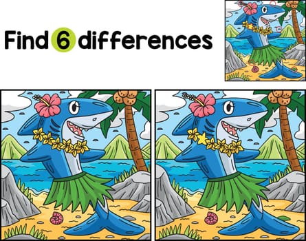 Find or spot the differences in this Shark Wearing Flowers and Hula Skirt Kids activity page. It is a funny and educational puzzle-matching game for children.