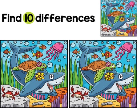 Find or spot the differences in this Shark and Turtle Kids activity page. It is a funny and educational puzzle-matching game for children.
