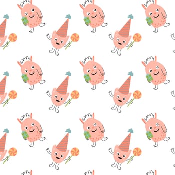 Childish pink monster birthday pattern for holiday. Vector illustration can used for wrapping, scrapping, textile, decor, wallpaper, clothes print, cover design, posters and banners.