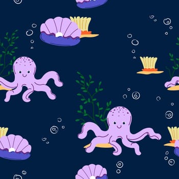 Seamless deep blue ocean pattern with pink octopuses and seashells, great for kids' apparel and decorations.