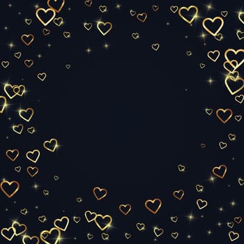 Falling hearts valentine card template. Gold hearts scattered on black background. Chaotic falling hearts vector illustration.