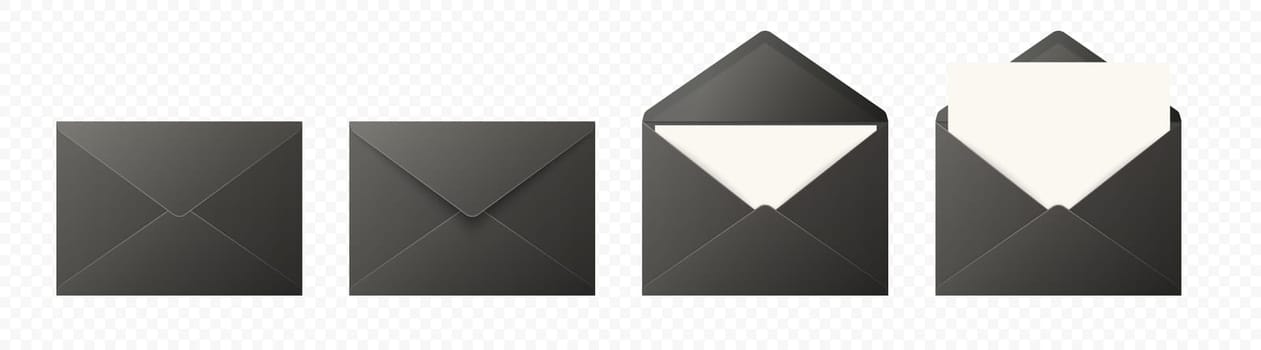 Vector Black Envelopes with Blank Letter. Folded, Unfolded Isolated Envelope Set. Design Template. Message, Notification, Mailing, Surprise and Congratulations Concept.