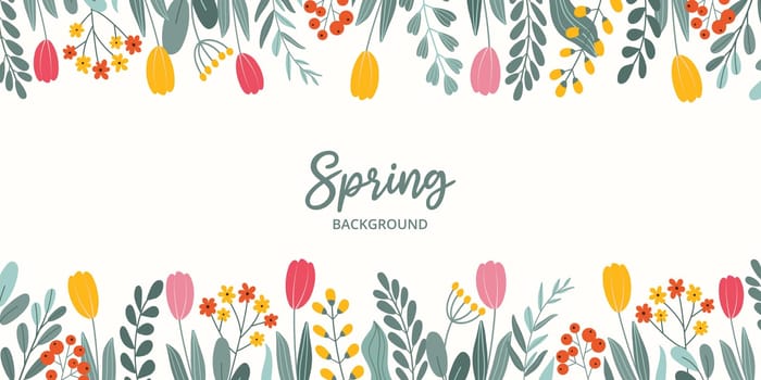 Spring rectangular celebration banner on white background with place for text in flat vector style. Hand drawn various colorful flowers, green leaves. Seasonal botanical template.