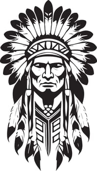 A Great iconic Native American chief in a black and white vector illustration, Suitable for logo design, tattoo design or print on demand. Vector illustration