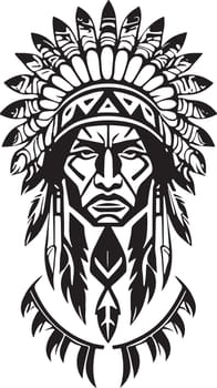 A Excellent iconic Native American chief in a black and white vector illustration, Suitable for logo design, tattoo design or print on demand. Vector illustration