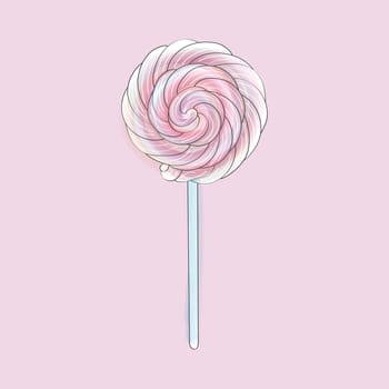 A pink and white lollipop stands out against a pink background. The candy appears hand-painted with a doodle design