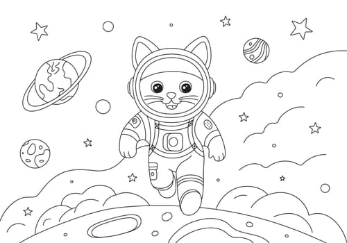 Coloring page with running astronaut cat and planets in space. Hand drawn vector contoured black and white illustration. Design template for kids coloring book, poster or postcard.
