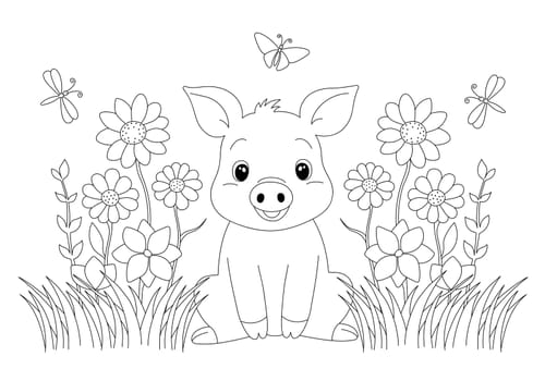 Coloring page with adorable piggy in grass and flowers. Hand drawn vector contoured black and white illustration. Design template for kids coloring book, poster or postcard.