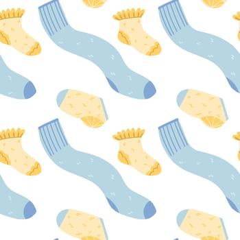 Seamless pattern with squiggly golfs and socks flying dynamically on a white background. Vector illustration