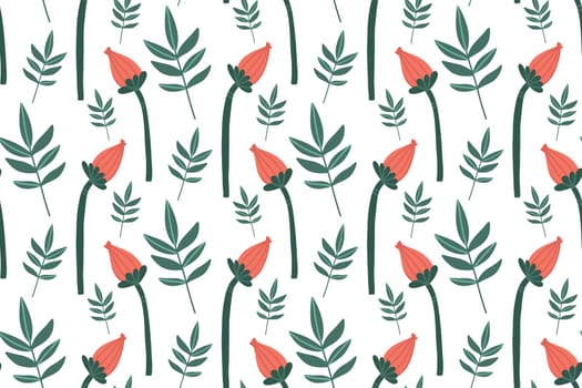 Decorative neat pattern with red closed elegant buds and green leaves on a white background. Vector illustration