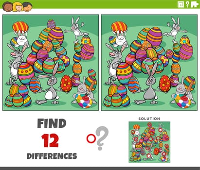 Cartoon illustration of finding the differences between pictures educational game with Easter bunnies characters group with colored eggs