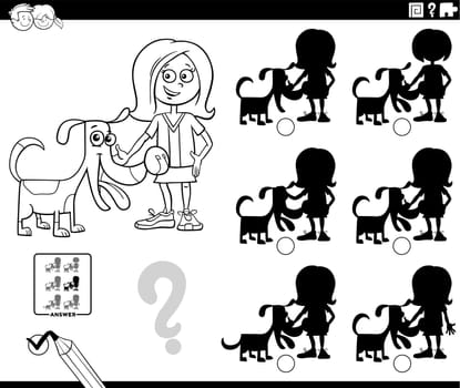 Cartoon illustration of finding the right picture to the shadow educational game with girl and her pet dog coloring page