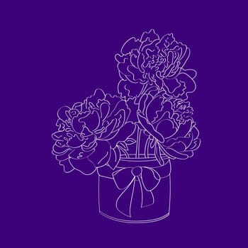 A hand-drawn illustration featuring peonies in a vase set against a vibrant purple background. The flowers are intricately detailed, showcasing their delicate petals and leaves
