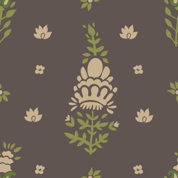 Flourishing and blossoming, blooming meadow flowers and leaves decoration. Leafage and frondage, buds and branches. Paisley seamless pattern, wallpaper print or background. Vector in flat style