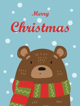 Illustration of a cute bear in a striped scarf. Vector Christmas card.