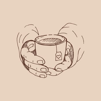 Realistic drawing of beautiful hands holding a mug with a hot beverage. Vector illustration isolated.