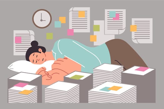 Woman sleeps in office among documents due to overwork caused by abundance of paperwork and strict deadlines. Girl is tired and needs help doing paperwork and following bureaucratic rules