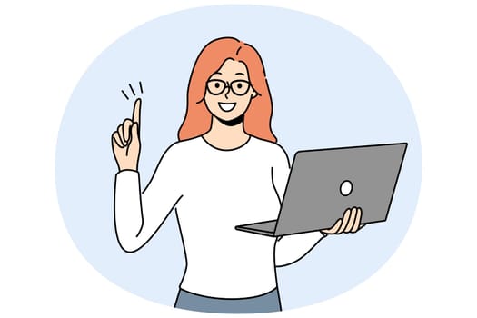 Smiling businesswoman with laptop in hands put finger in air excited about innovative idea. Happy woman employee generate business thought work on computer. Vector illustration.