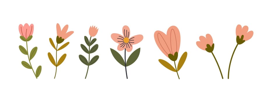 Hand drawn minimal flowers. Floral springtime prints design. Isolated on white background. Vector stock illustration.