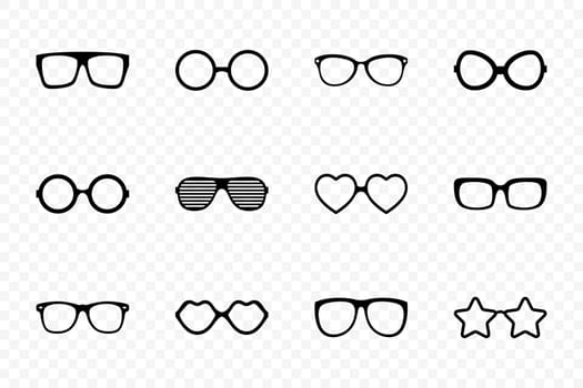 Vector Glasses Model Icons. Man, Women Frames, Different Shapes, Cutout Sunglasses. Monochrome Eyeglasses Isolated. Eyewear Silhouettes.