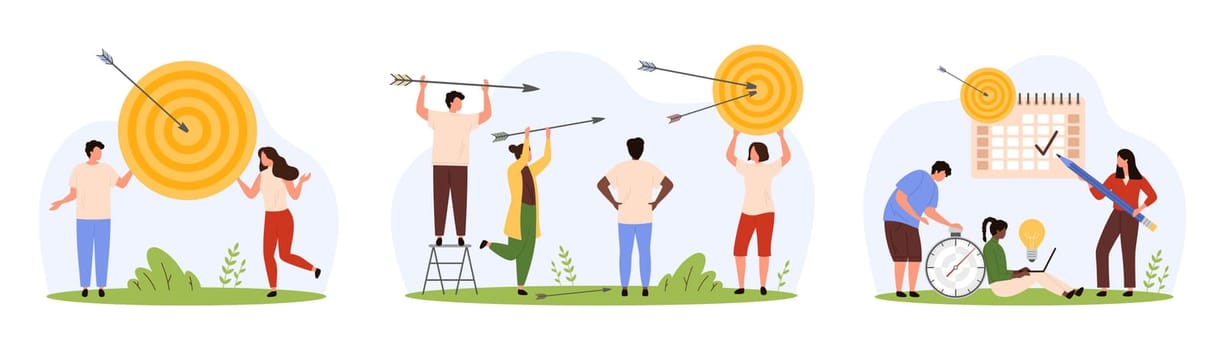 Accurate shot on target, success business goal and progress in challenge set. Tiny people holding arrows to hit bullseye, work with huge calendar and timer to plan growth cartoon vector illustration