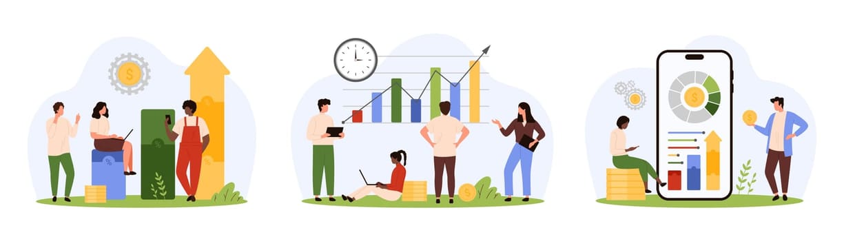 Economic growth, accounting and statistic data research set. Tiny people analyze finance progress and stock market chart, graph arrow and profit growth with mobile app cartoon vector illustration