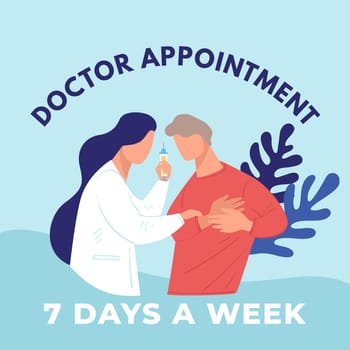 Daily doctor appointment concept, vaccination illustration, vector isolated on light blue background.