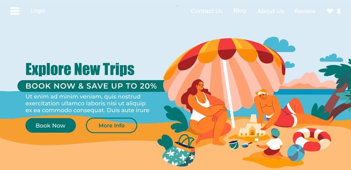 Vector banner with a relaxing beach scene for vacation booking, includes call-to-action buttons, suitable for travel websites.
