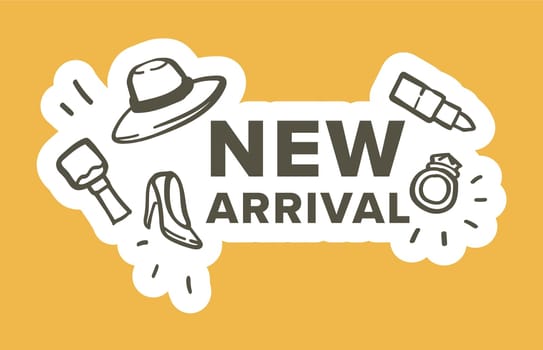 New arrival fashion items, sticker style vector, isolated on yellow.