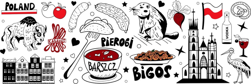 Poland travel icons set of symbols of Polish traditional dishes, animals, flag, architecture. Bison and beaver, and cabanos. (English translation of dumplings, borscht, bigos)Vector illustration.
