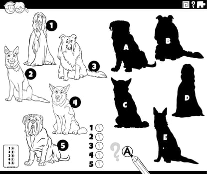 Cartoon illustration of finding the right shadows to the pictures educational activity with purebred dogs animal characters coloring page