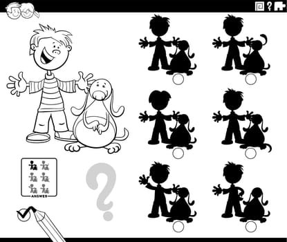 Cartoon illustration of finding the right picture to the shadow educational game with boy and his dog coloring page