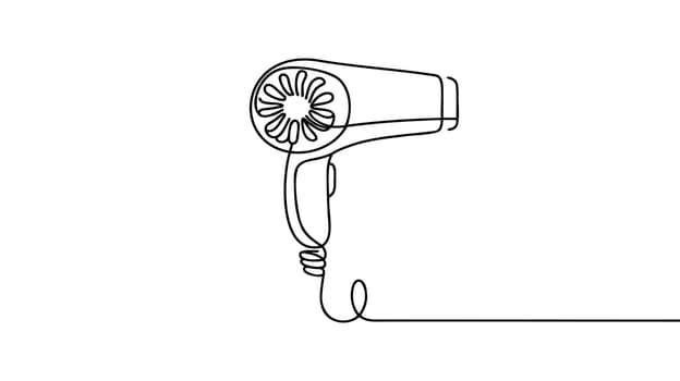 One continuous line drawing of hair dryer electric home appliance. Woman electricity stuff household tools template concept. Trendy single line draw design vector graphic illustration.
