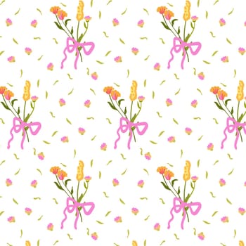 Seamless pattern with wild flowers. Summer floral background in retro style. Decorated backdrop for wallpaper and fabric with a bouquet. For bed linen, fabric and clothing. Vector illustration