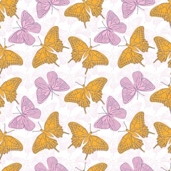 Butterflies ink line vector seamless pattern set background for textile, fabric, wallpaper, scrapbook. Insects with wings drawing for surface design.