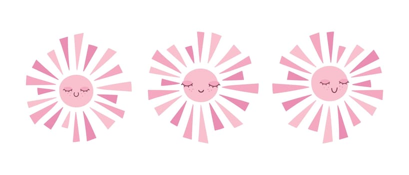 Cute hand drawn smiling sun in pink color set. Scandinavian style decoration for nursery kids room. Vector illustration 