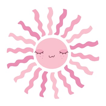 Cute smiling sun in pink color. Hand drawn Scandinavian style decoration for nursery kids room. Vector illustration 